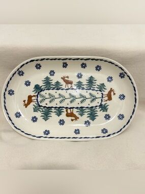 Polish Pottery Winter Deer Platter 9"x6"x1" Hand Made Made in Poland